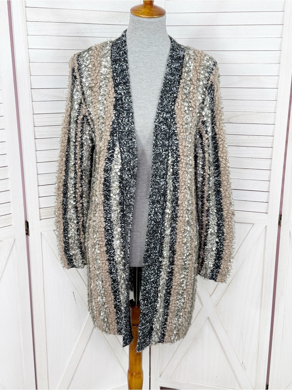 Simply Noelle Mixed Chunky Knit Cardigan Tunic Sweater Tan Black Small Medium